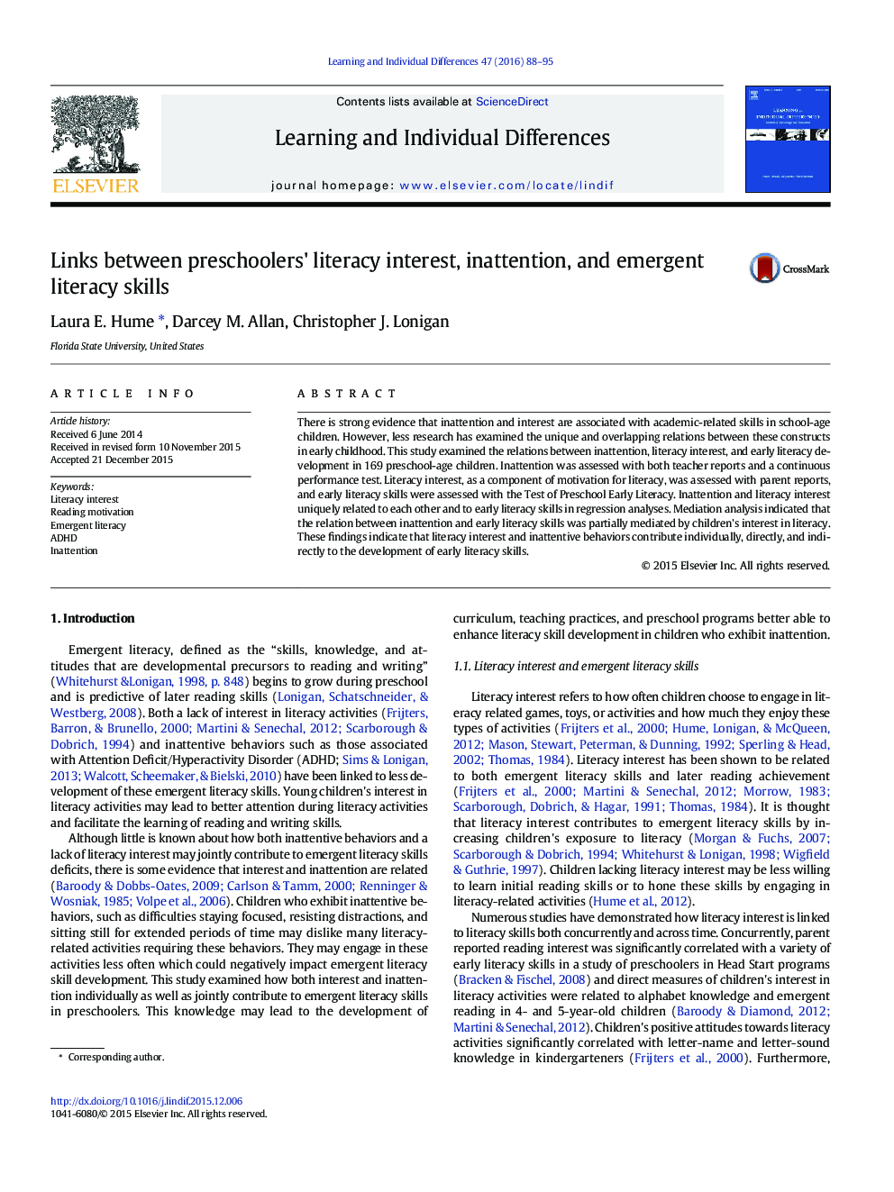 Links between preschoolers' literacy interest, inattention, and emergent literacy skills