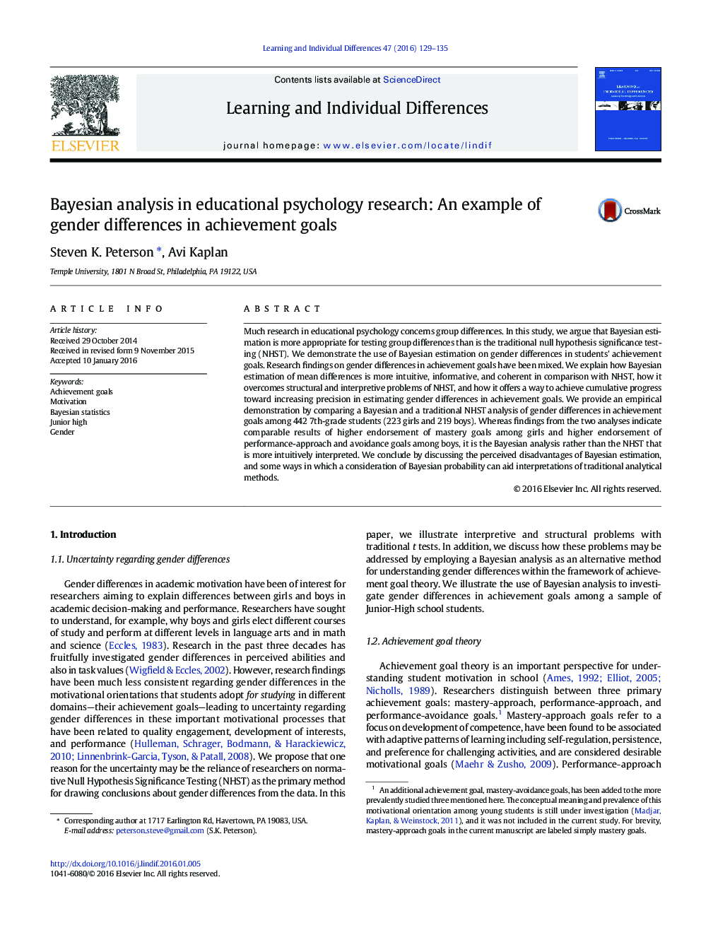 Bayesian analysis in educational psychology research: An example of gender differences in achievement goals