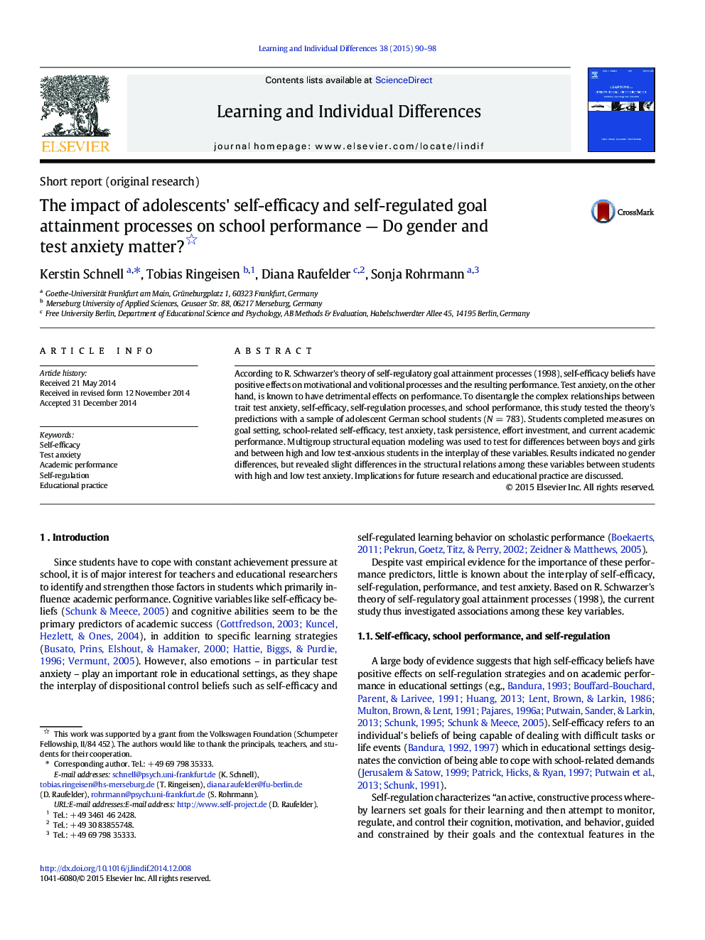 The impact of adolescents' self-efficacy and self-regulated goal attainment processes on school performance — Do gender and test anxiety matter? 