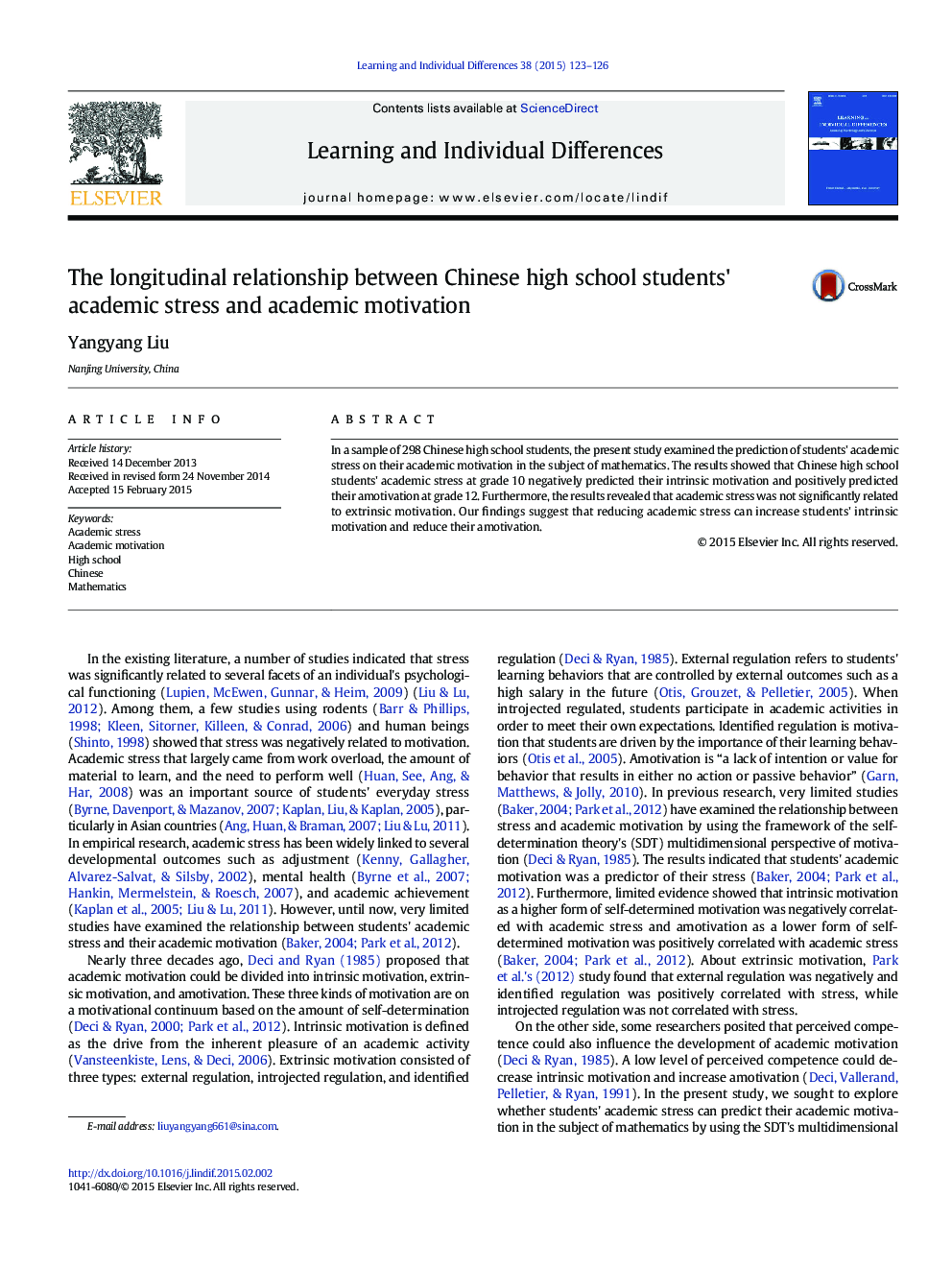 The longitudinal relationship between Chinese high school students' academic stress and academic motivation