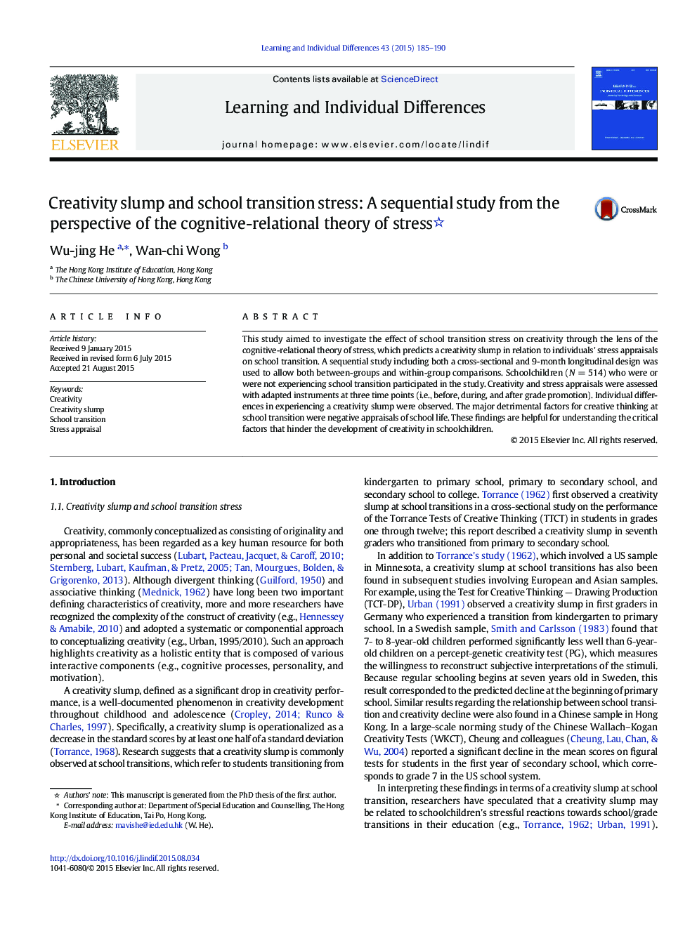 Creativity slump and school transition stress: A sequential study from the perspective of the cognitive-relational theory of stress 