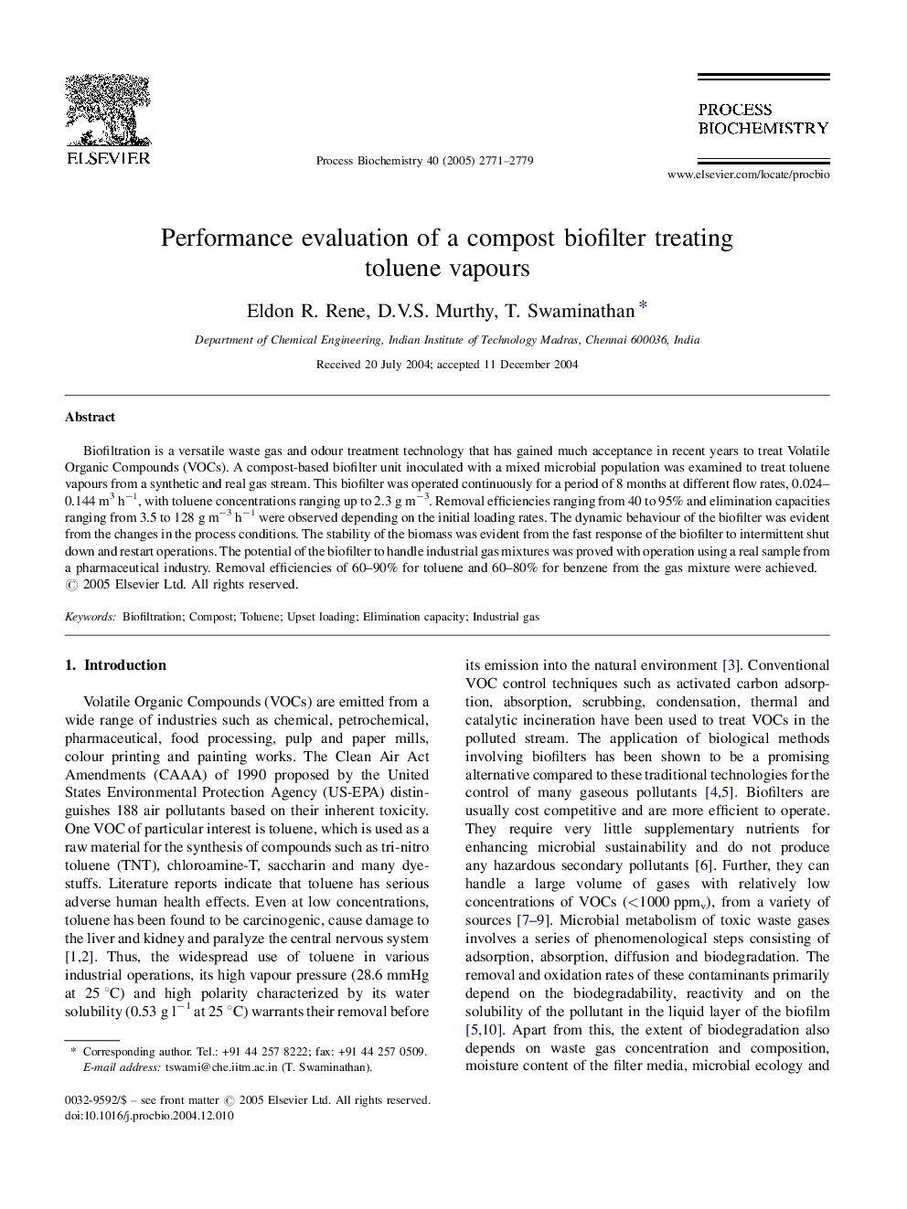 Performance evaluation of a compost biofilter treating toluene vapours