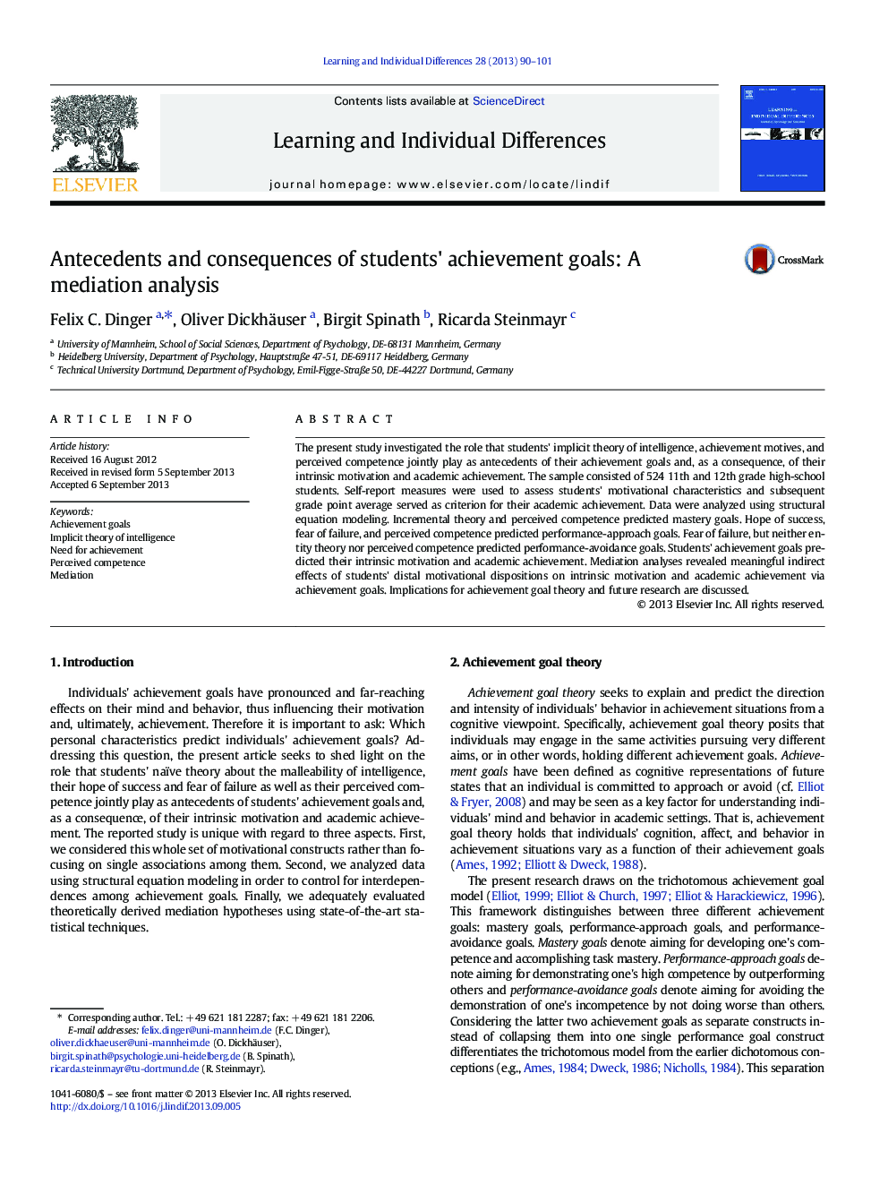 Antecedents and consequences of students' achievement goals: A mediation analysis