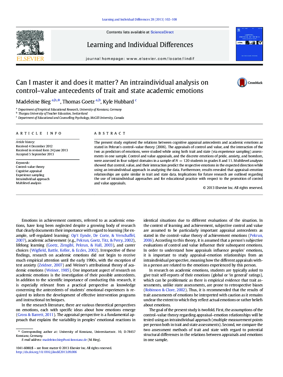 Can I master it and does it matter? An intraindividual analysis on control–value antecedents of trait and state academic emotions