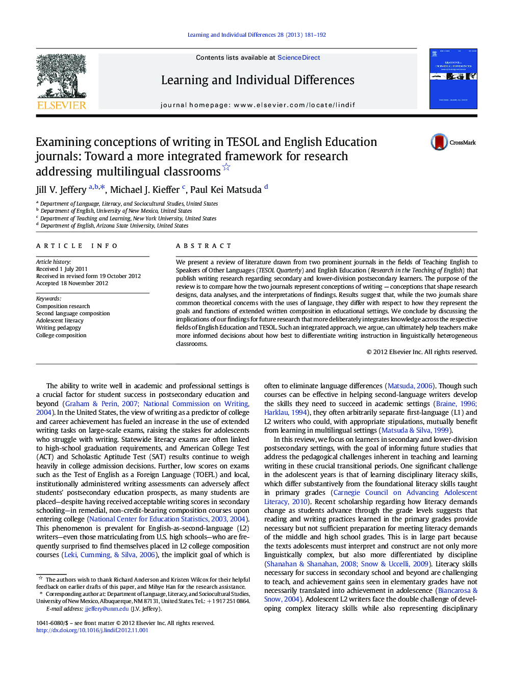 Examining conceptions of writing in TESOL and English Education journals: Toward a more integrated framework for research addressing multilingual classrooms 
