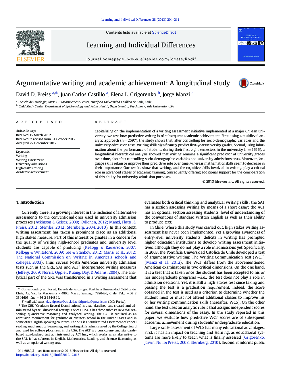 Argumentative writing and academic achievement: A longitudinal study