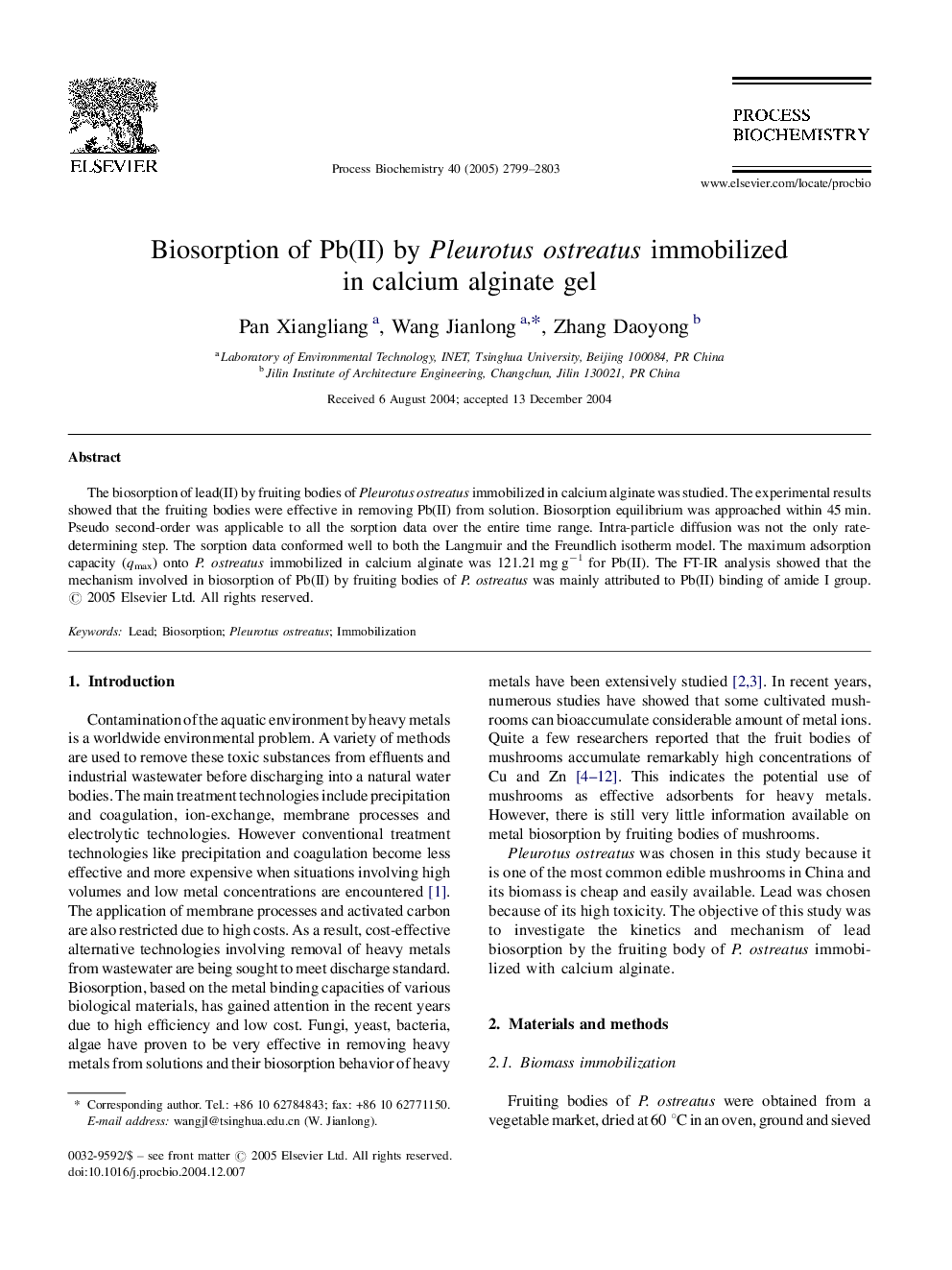 Biosorption of Pb(II) by Pleurotus ostreatus immobilized in calcium alginate gel