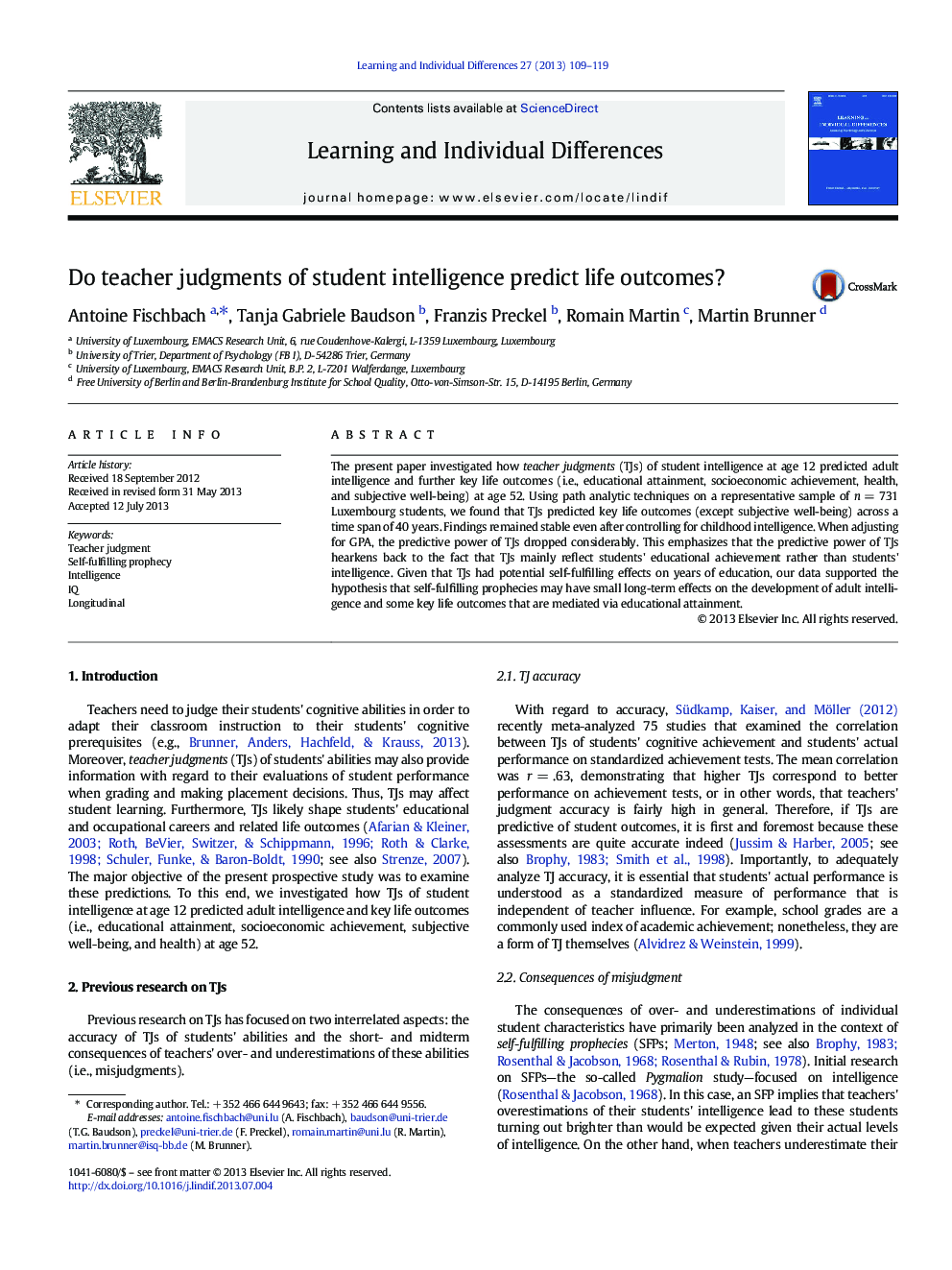 Do teacher judgments of student intelligence predict life outcomes?