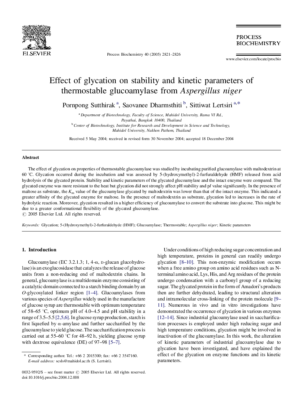 Effect of glycation on stability and kinetic parameters of thermostable glucoamylase from Aspergillus niger