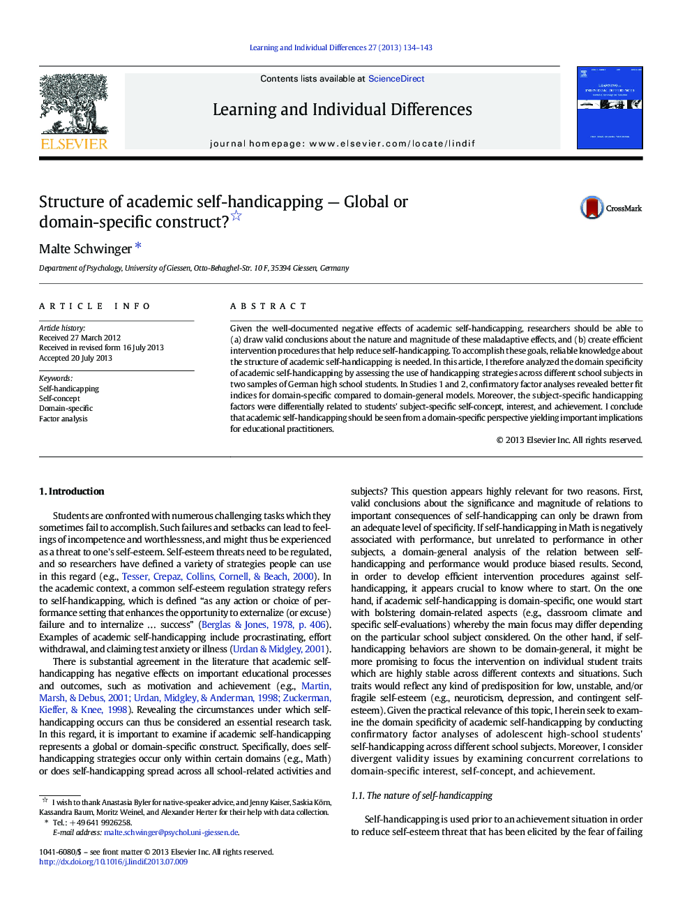 Structure of academic self-handicapping — Global or domain-specific construct? 