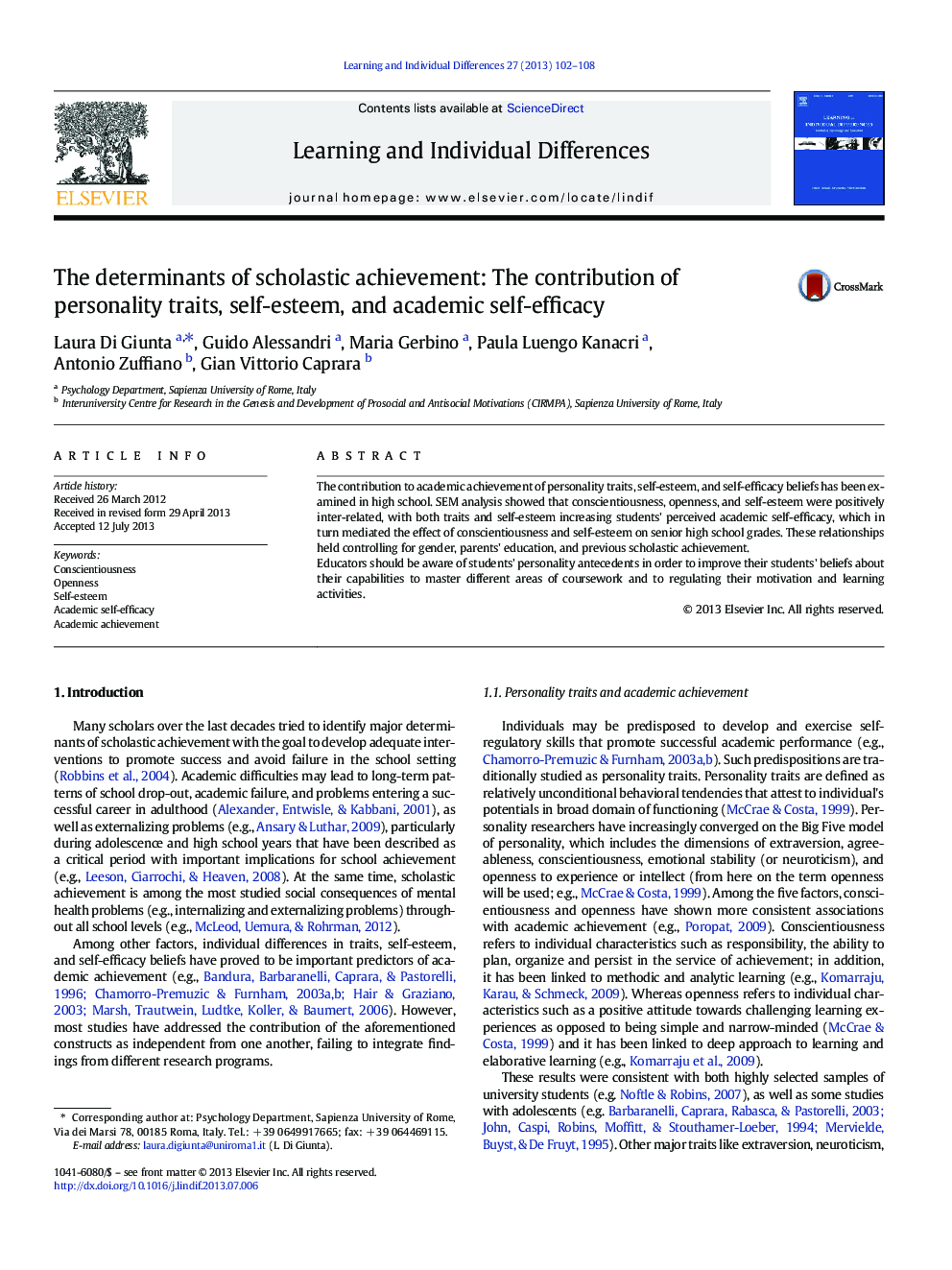 The determinants of scholastic achievement: The contribution of personality traits, self-esteem, and academic self-efficacy