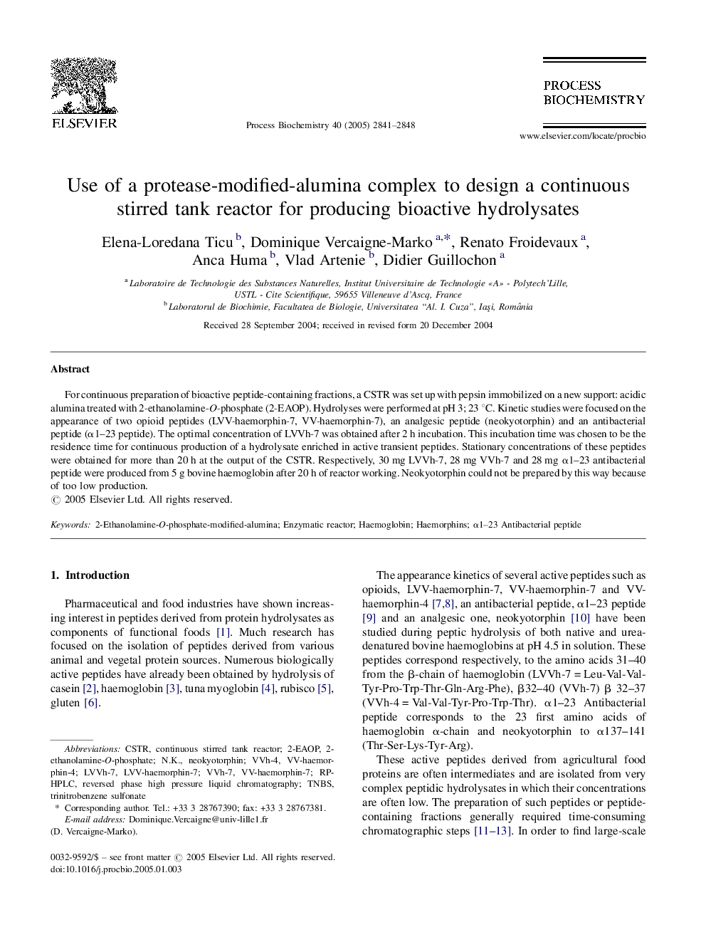 Use of a protease-modified-alumina complex to design a continuous stirred tank reactor for producing bioactive hydrolysates