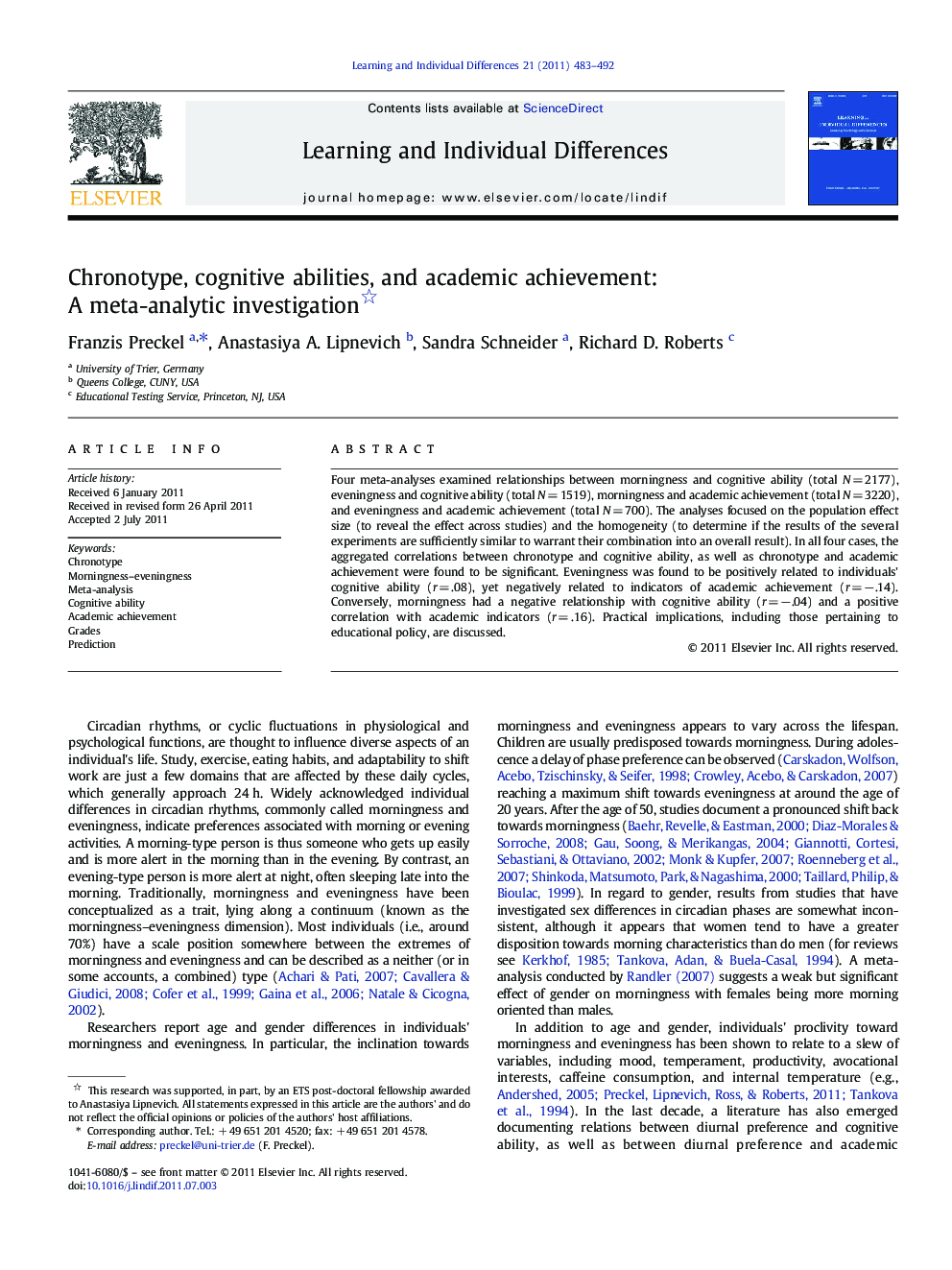 Chronotype, cognitive abilities, and academic achievement: A meta-analytic investigation 