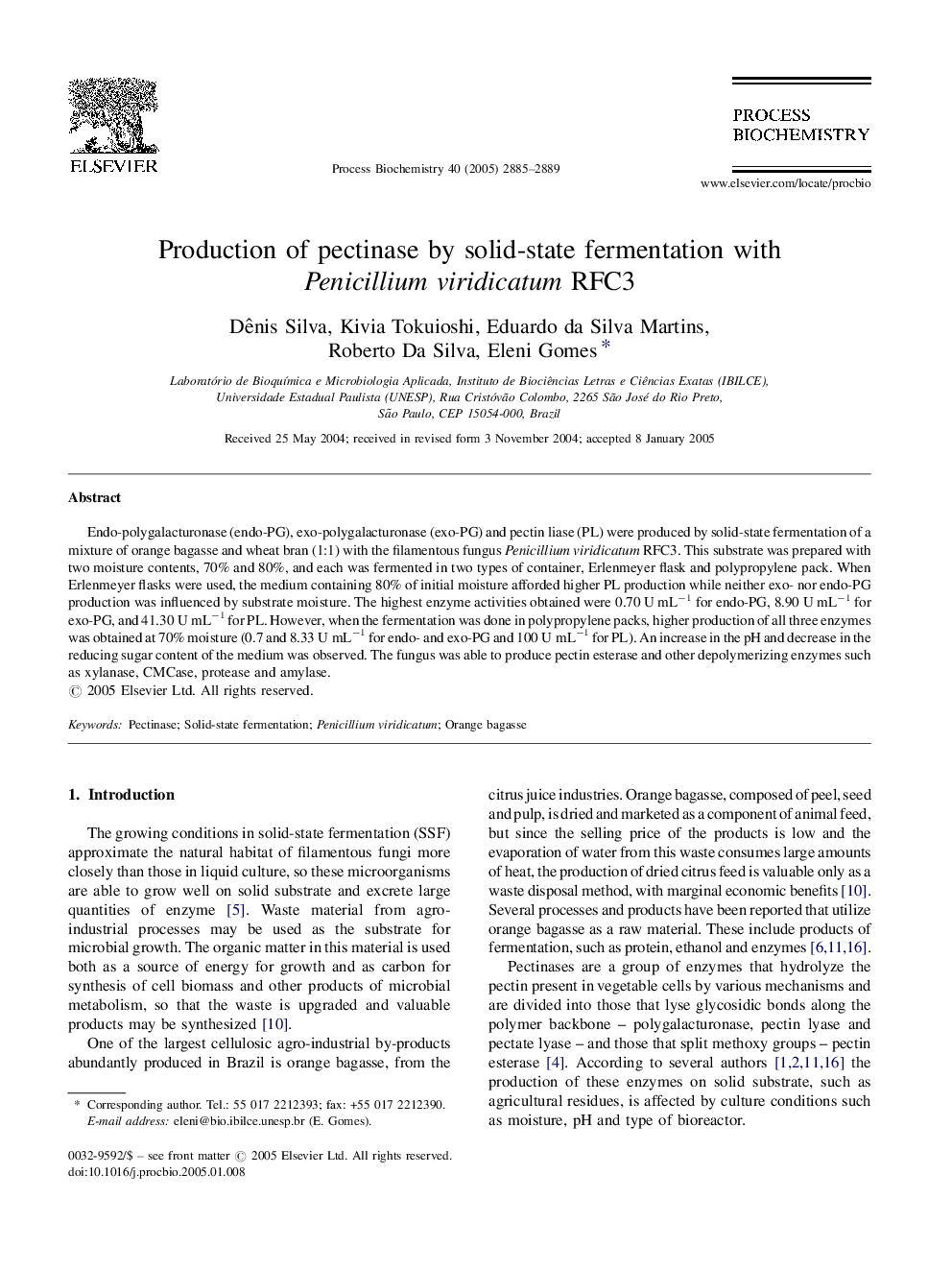 Production of pectinase by solid-state fermentation with Penicillium viridicatum RFC3