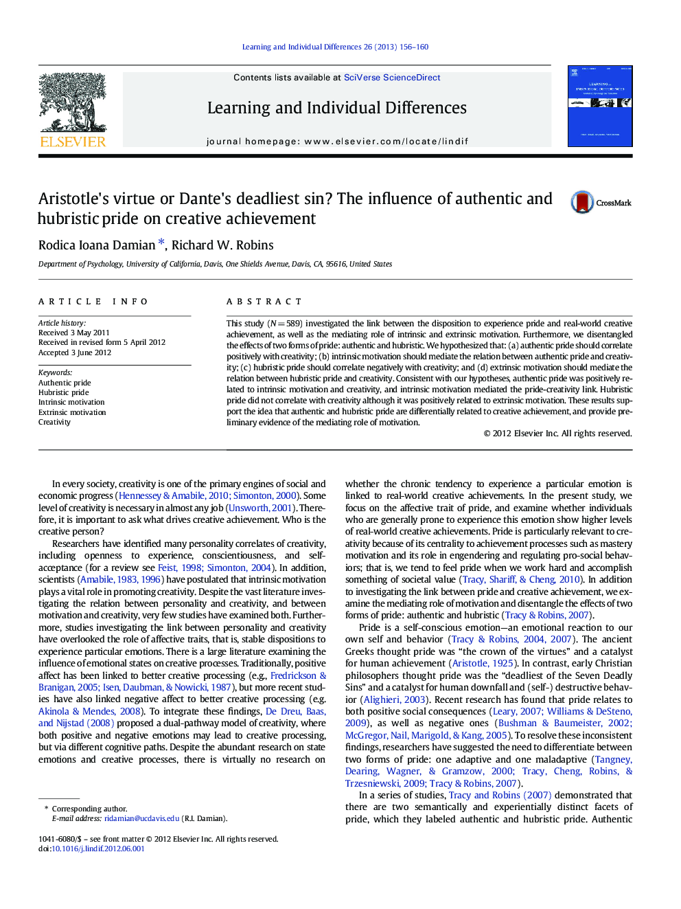 Aristotle's virtue or Dante's deadliest sin? The influence of authentic and hubristic pride on creative achievement