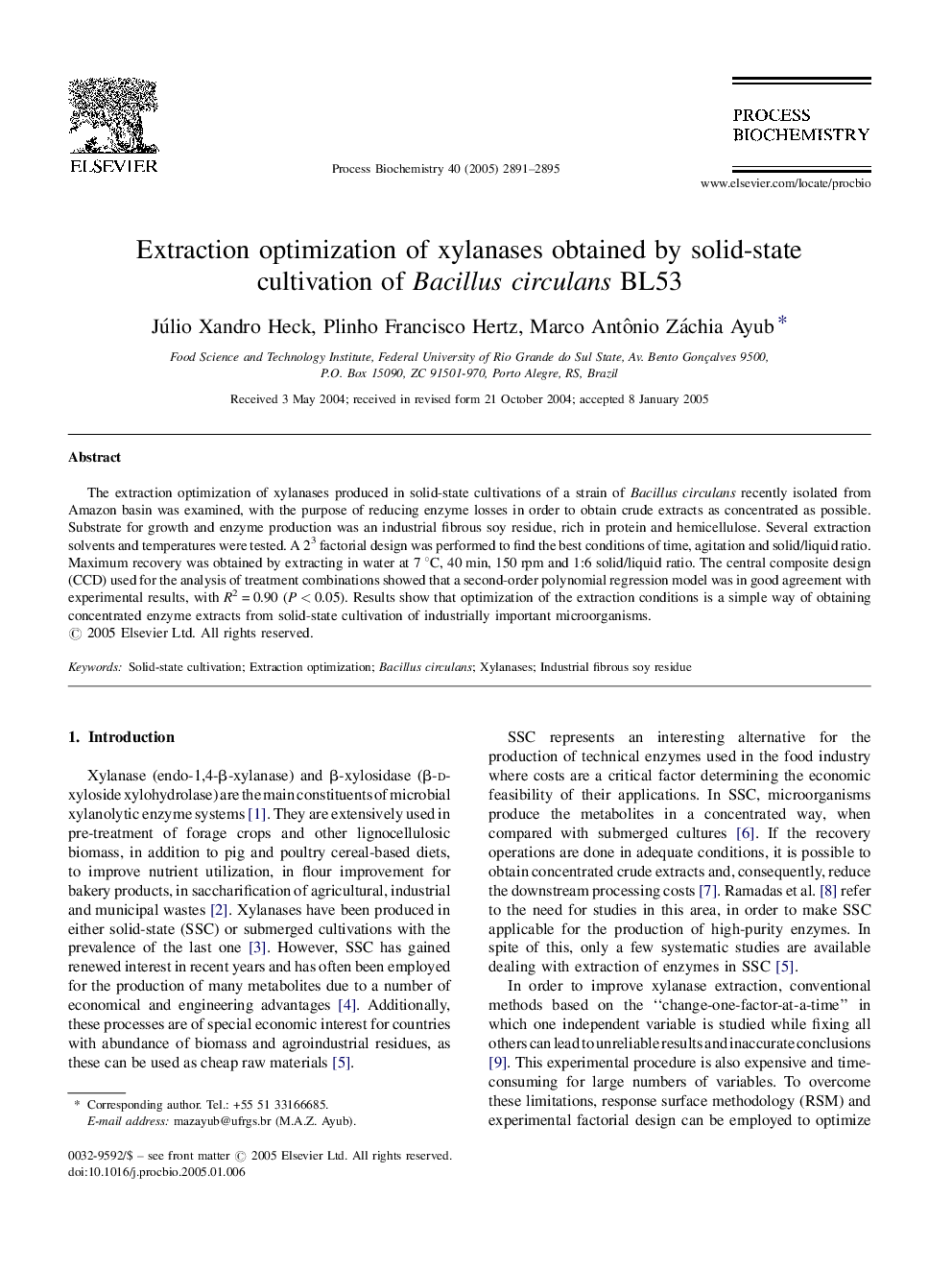 Extraction optimization of xylanases obtained by solid-state cultivation of Bacillus circulans BL53