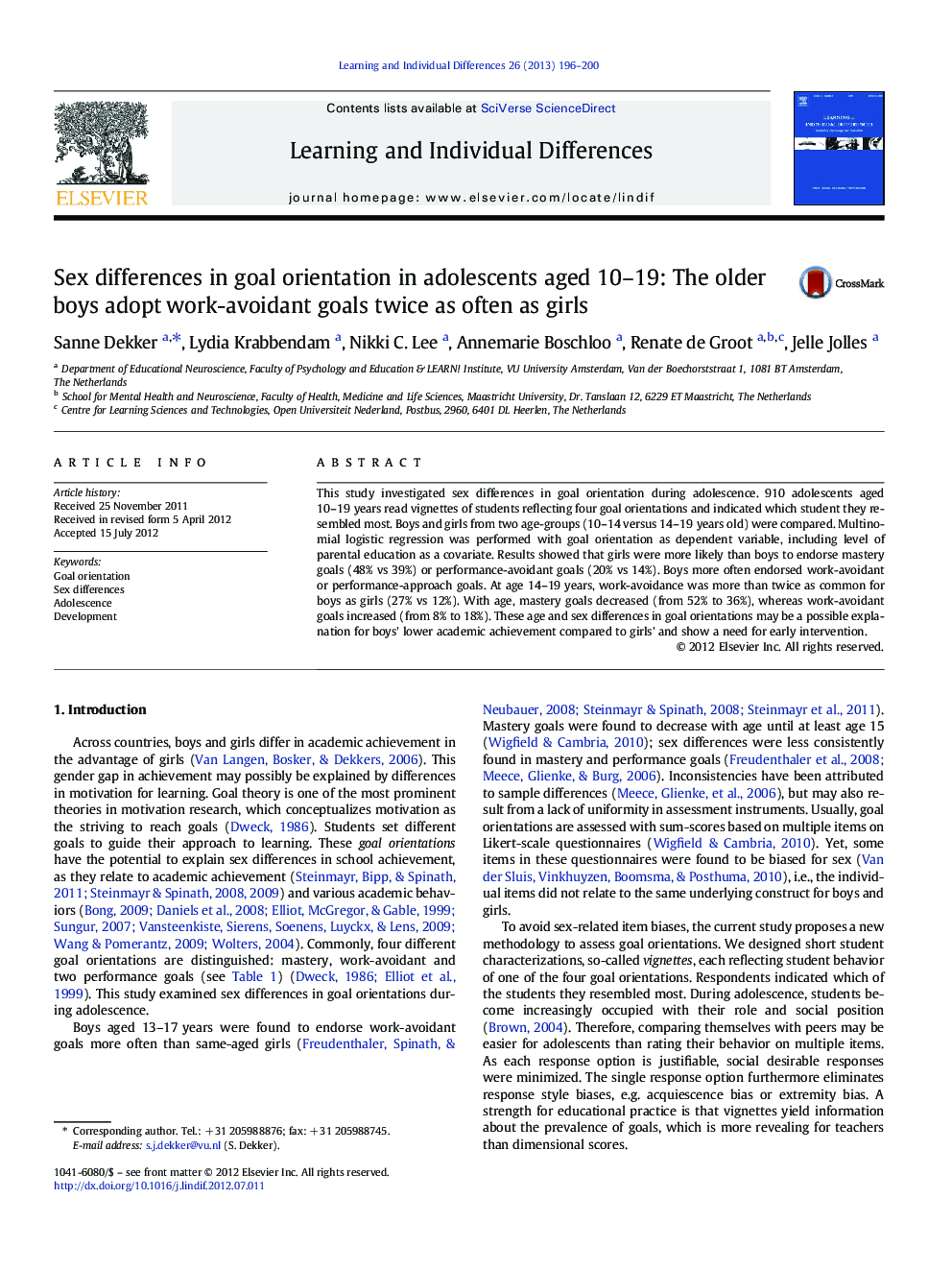 Sex differences in goal orientation in adolescents aged 10–19: The older boys adopt work-avoidant goals twice as often as girls