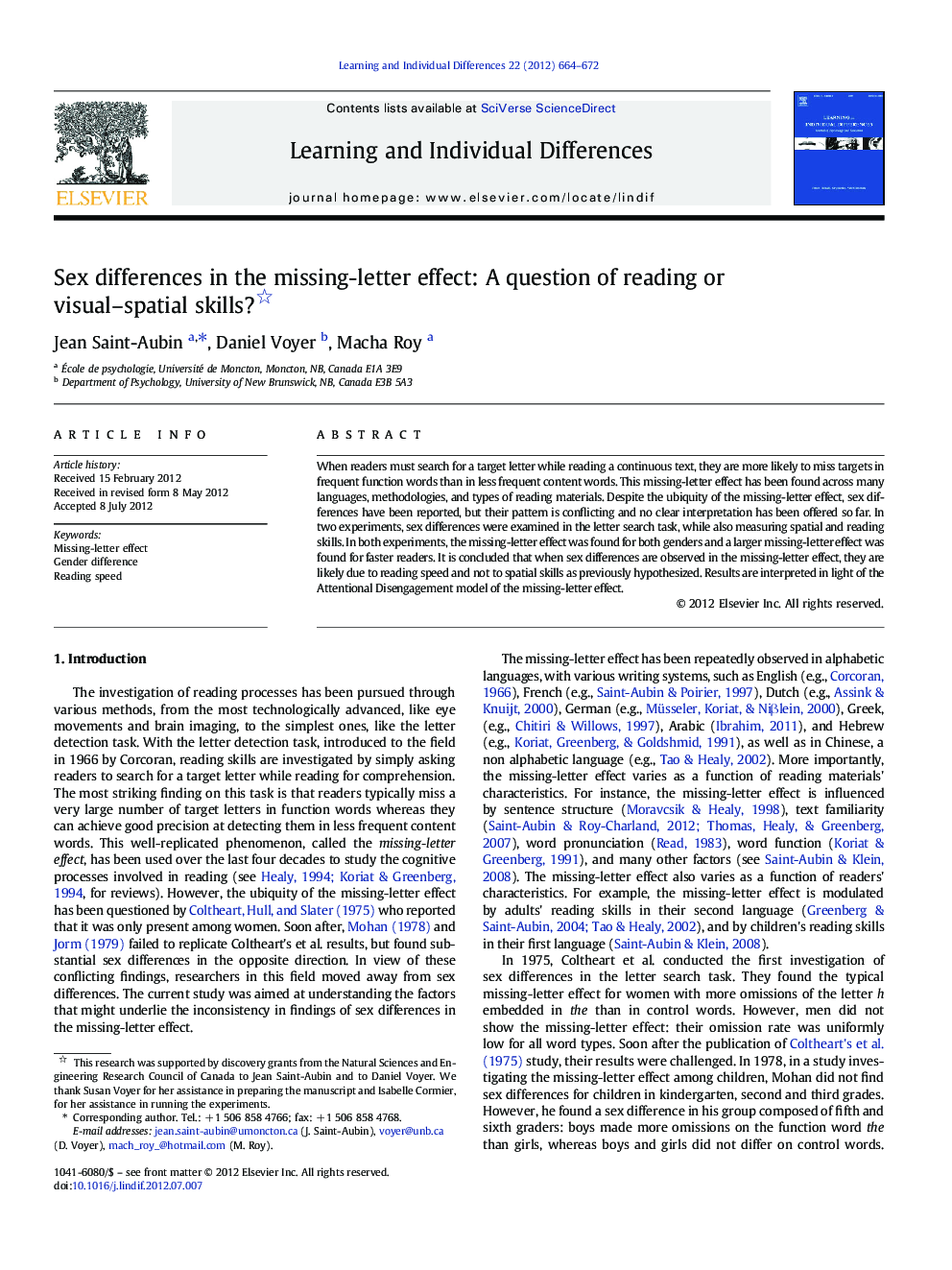 Sex differences in the missing-letter effect: A question of reading or visual–spatial skills? 