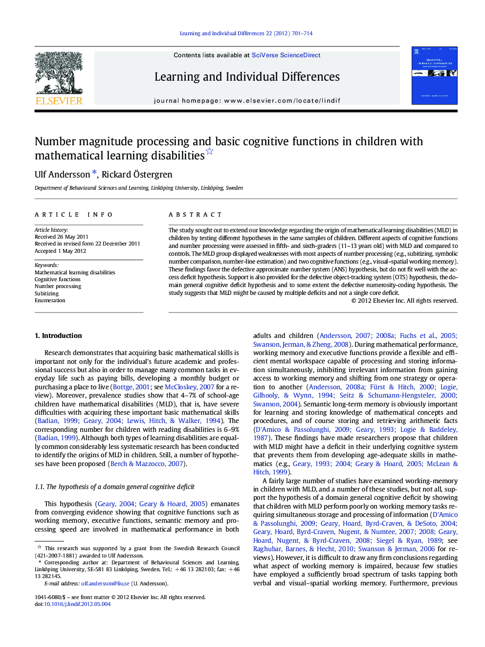 Number magnitude processing and basic cognitive functions in children with mathematical learning disabilities 