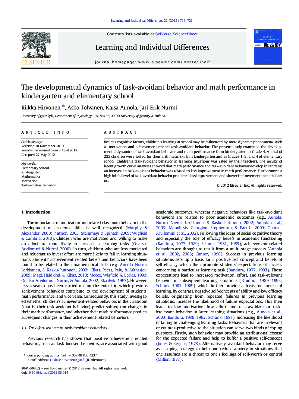 The developmental dynamics of task-avoidant behavior and math performance in kindergarten and elementary school