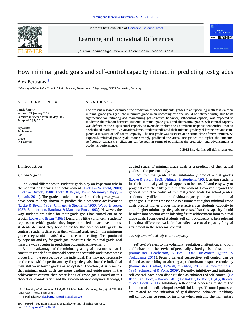 How minimal grade goals and self-control capacity interact in predicting test grades