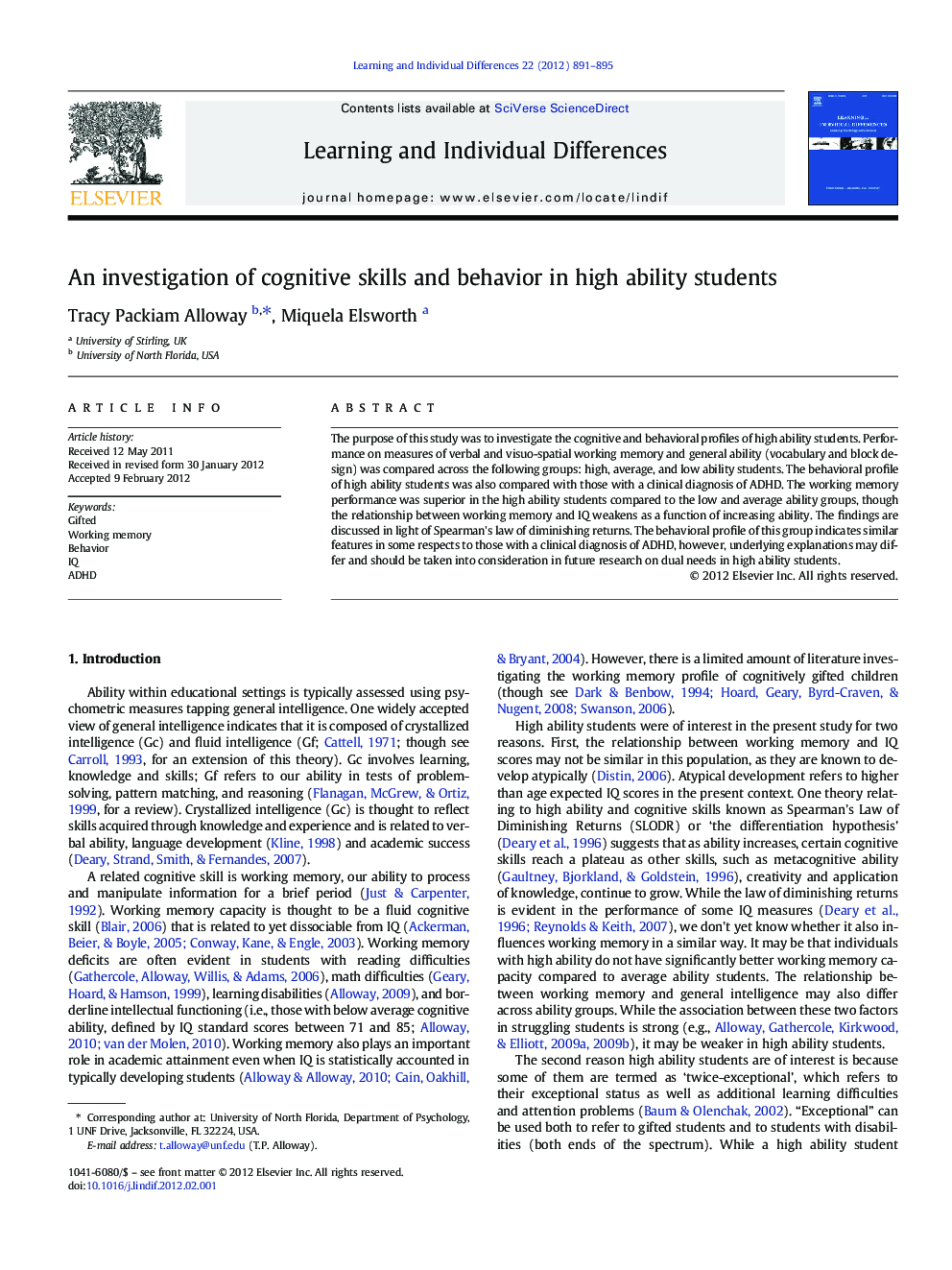 An investigation of cognitive skills and behavior in high ability students