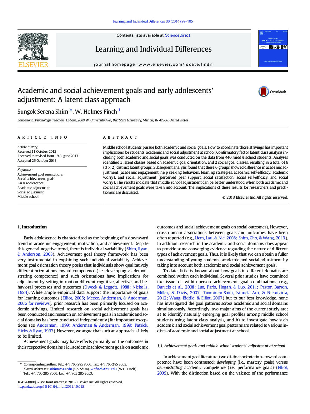 Academic and social achievement goals and early adolescents' adjustment: A latent class approach