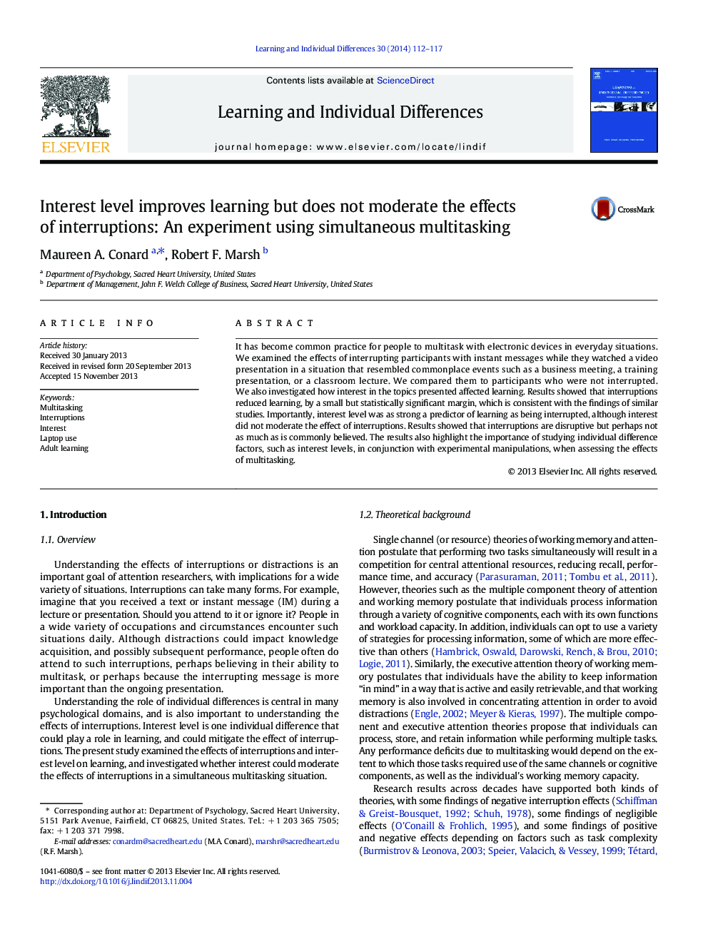 Interest level improves learning but does not moderate the effects of interruptions: An experiment using simultaneous multitasking