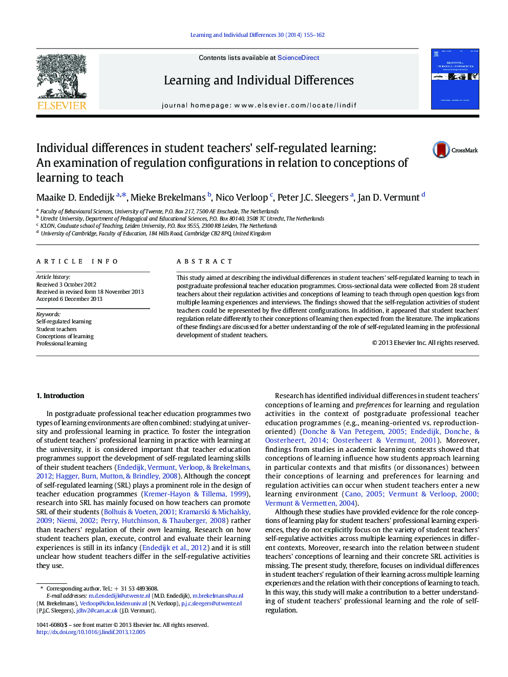 Individual differences in student teachers' self-regulated learning: An examination of regulation configurations in relation to conceptions of learning to teach