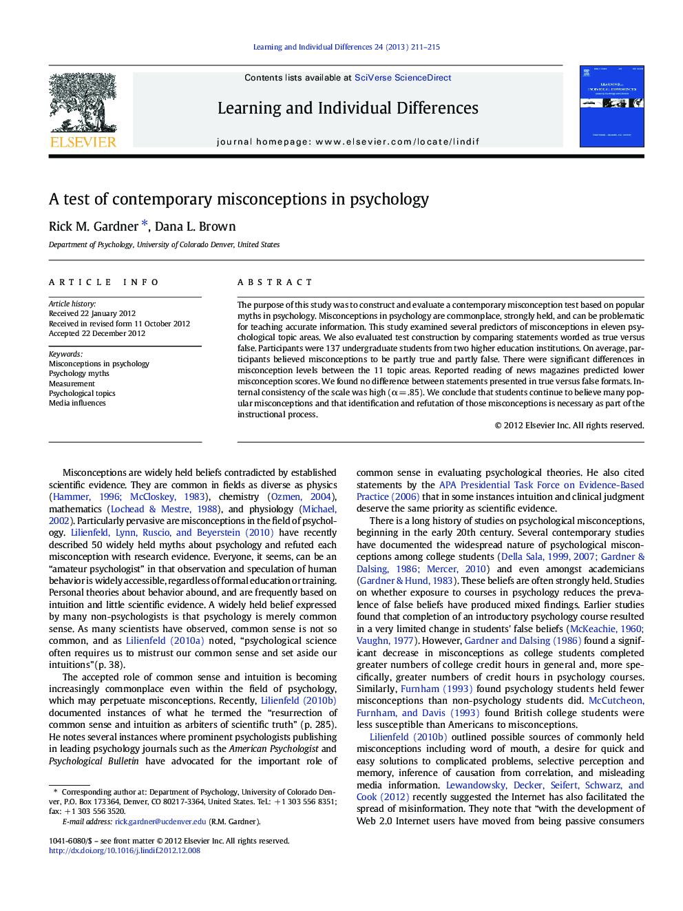 A test of contemporary misconceptions in psychology