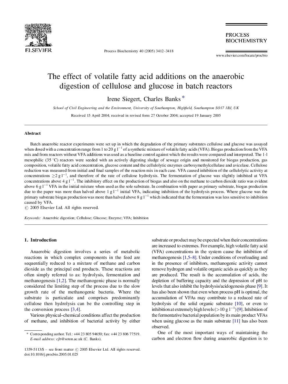 The effect of volatile fatty acid additions on the anaerobic digestion of cellulose and glucose in batch reactors