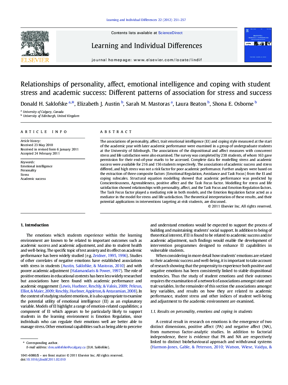 Relationships of personality, affect, emotional intelligence and coping with student stress and academic success: Different patterns of association for stress and success