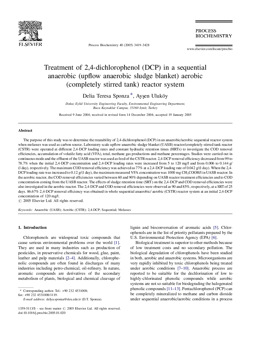 Treatment of 2,4-dichlorophenol (DCP) in a sequential anaerobic (upflow anaerobic sludge blanket) aerobic (completely stirred tank) reactor system