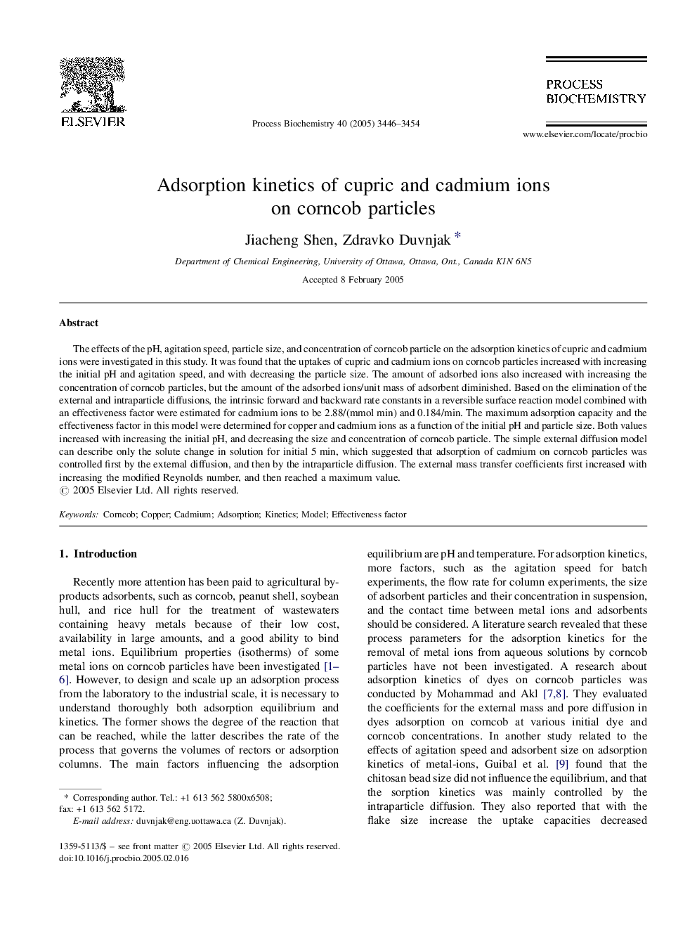 Adsorption kinetics of cupric and cadmium ions on corncob particles