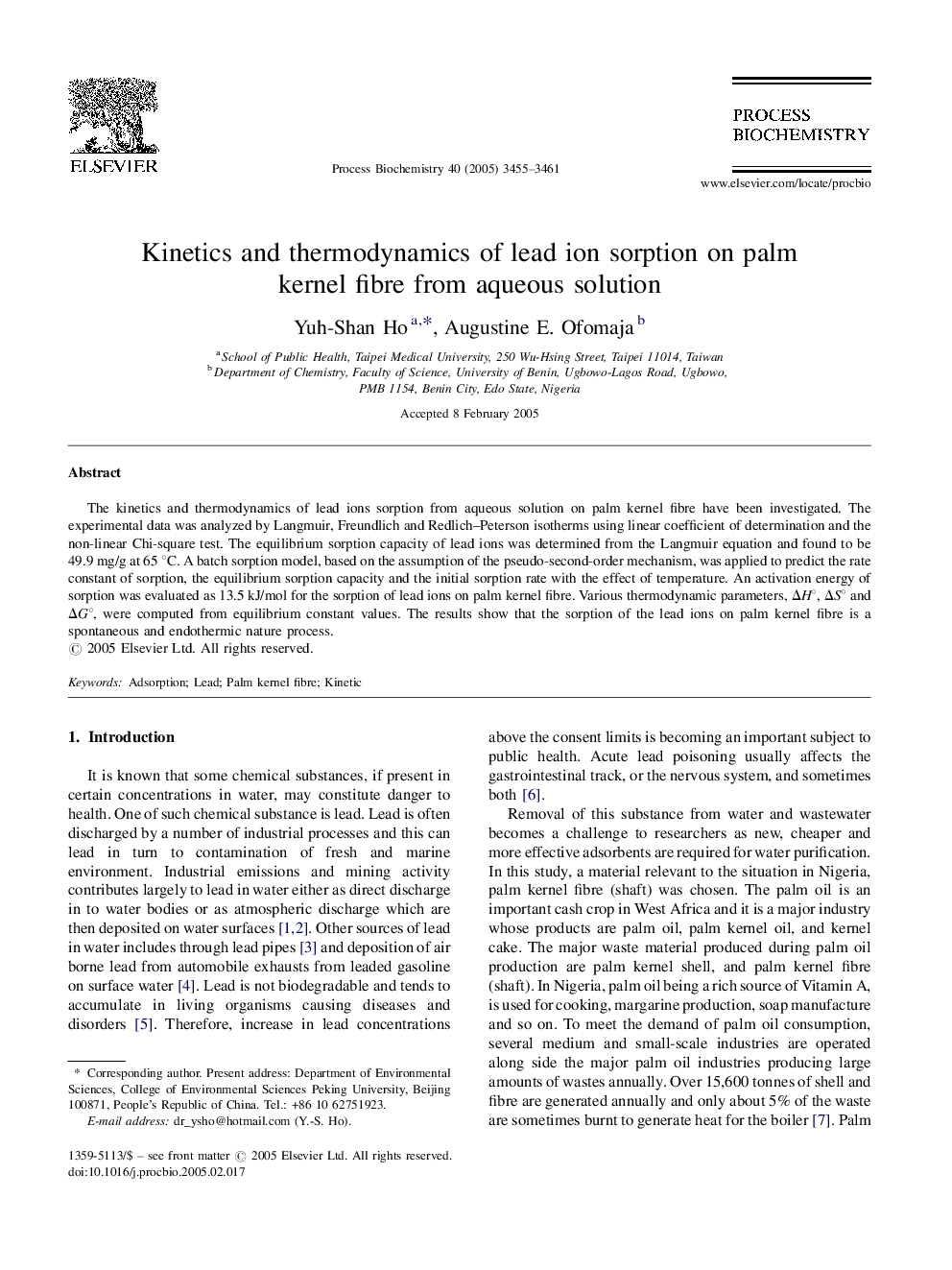 Kinetics and thermodynamics of lead ion sorption on palm kernel fibre from aqueous solution