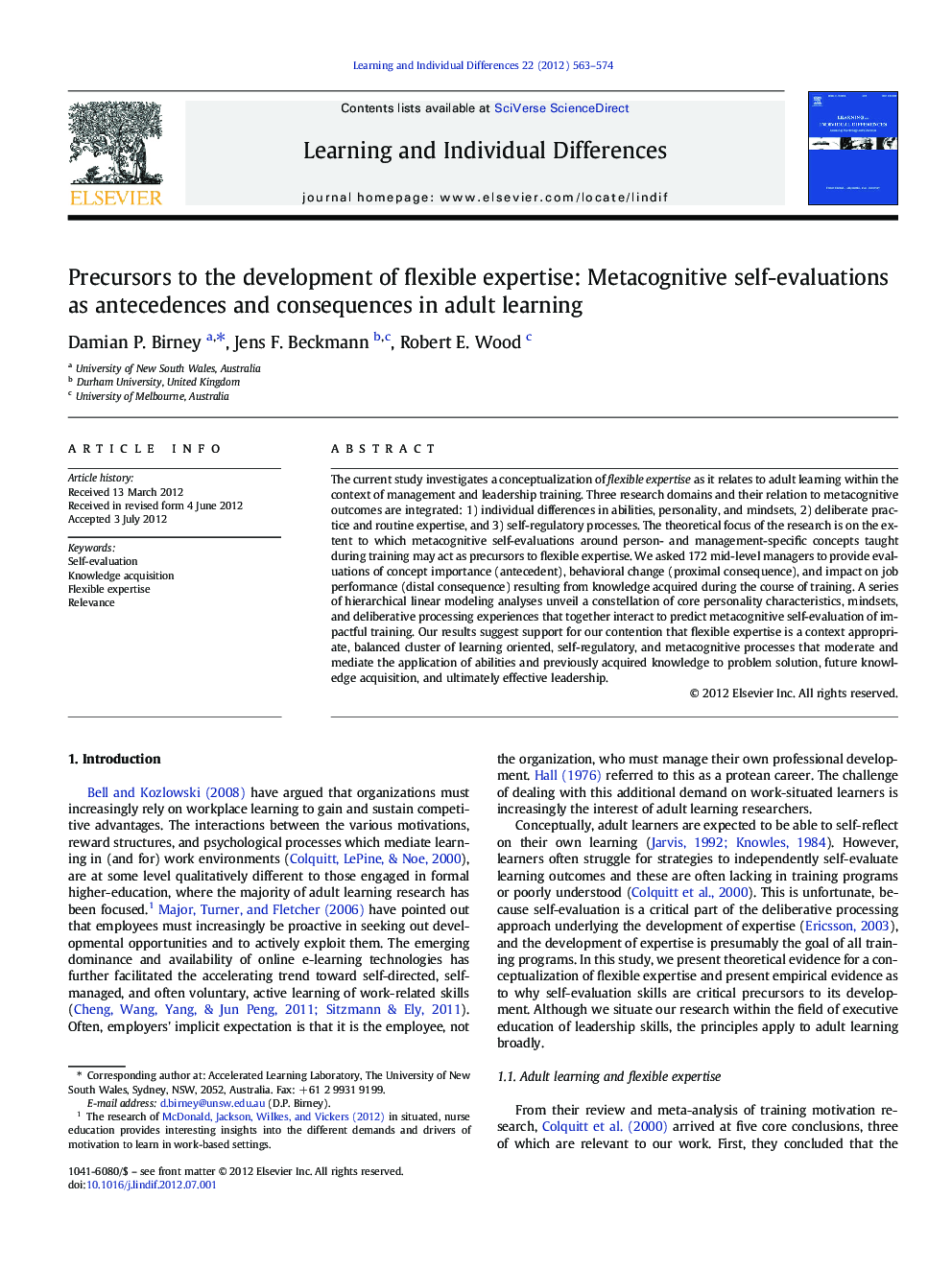 عکس صفحه اول مقاله: Precursors to the development of flexible expertise: Metacognitive self-evaluations as antecedences and consequences in adult learning Precursors to the development of flexible expertise: Metacognitive self-evaluations as antecedences and consequences in adult learning