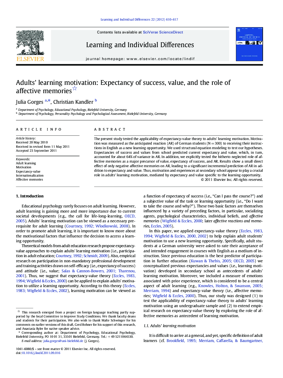 Adults' learning motivation: Expectancy of success, value, and the role of affective memories 