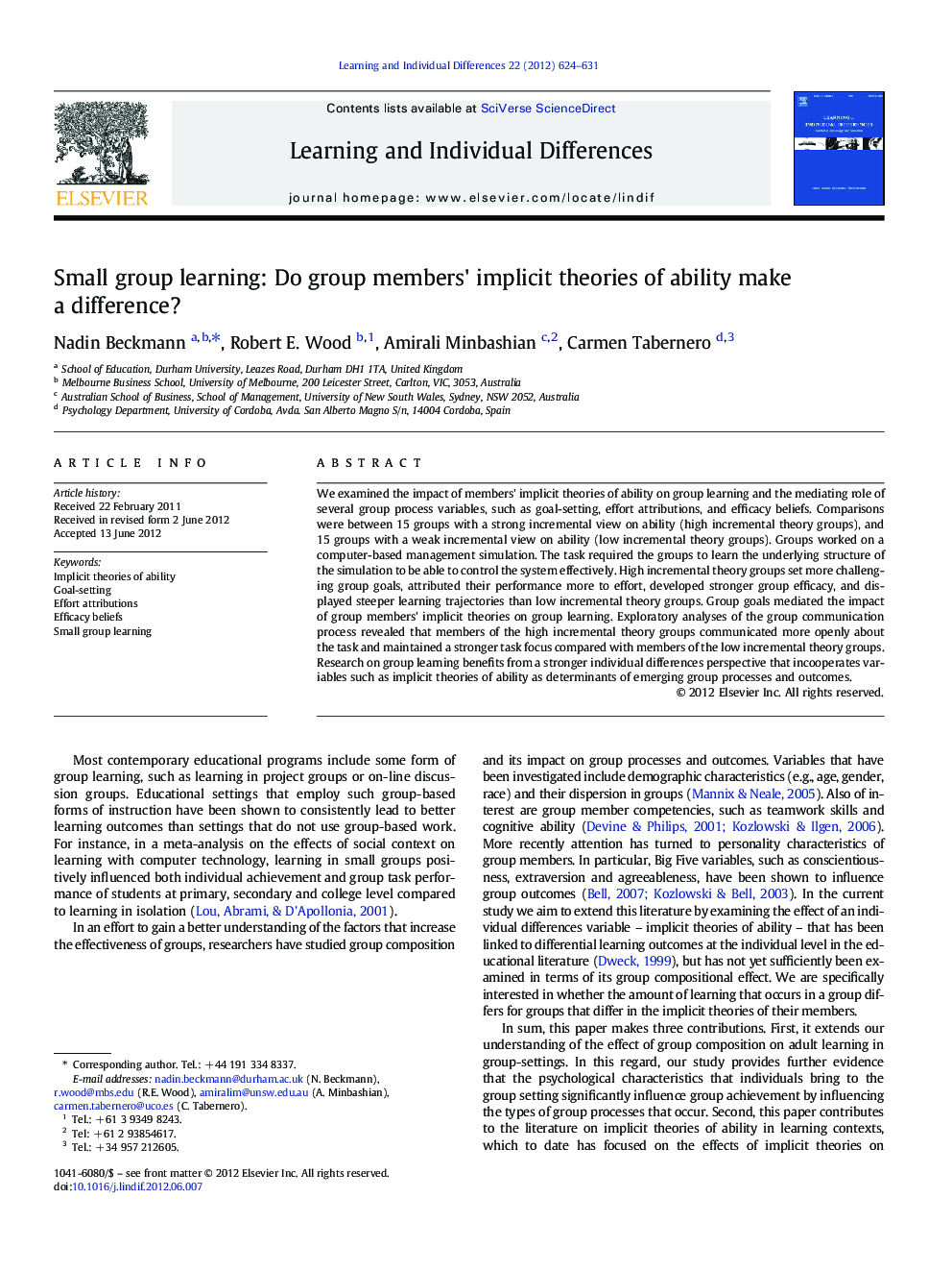 Small group learning: Do group members' implicit theories of ability make a difference?