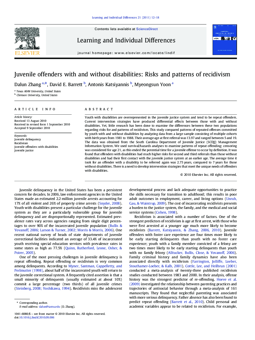 Juvenile offenders with and without disabilities: Risks and patterns of recidivism