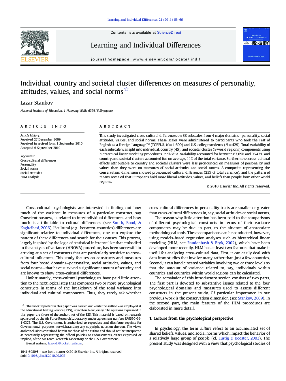 Individual, country and societal cluster differences on measures of personality, attitudes, values, and social norms 