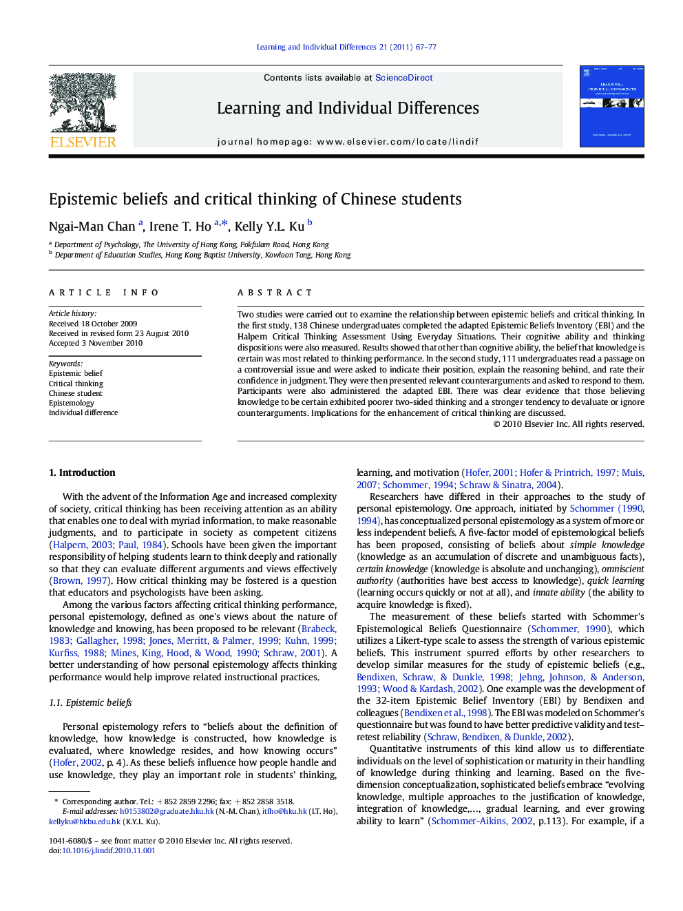 Epistemic beliefs and critical thinking of Chinese students