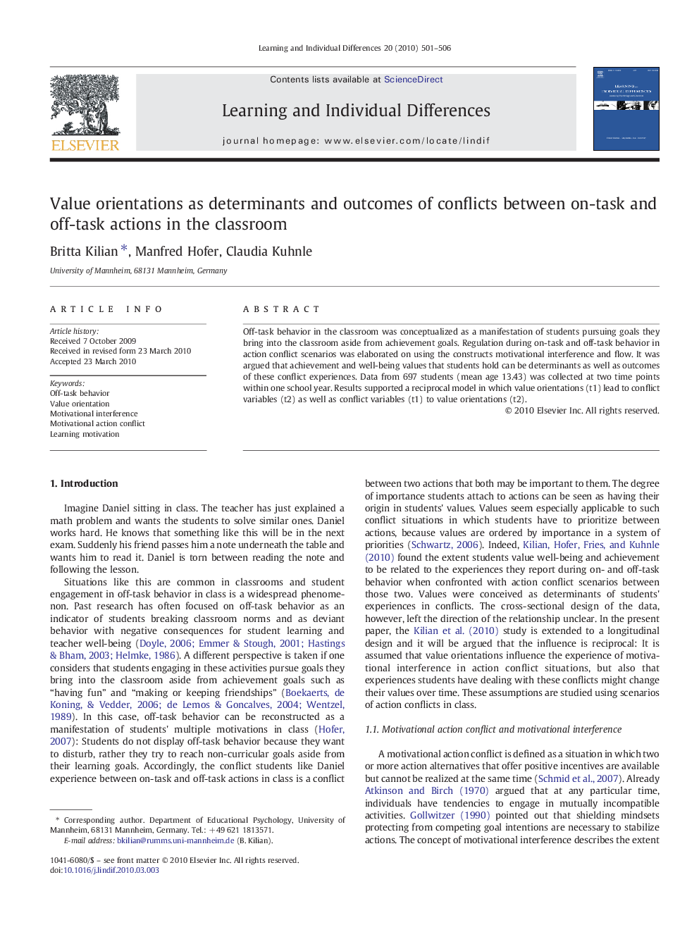 Value orientations as determinants and outcomes of conflicts between on-task and off-task actions in the classroom