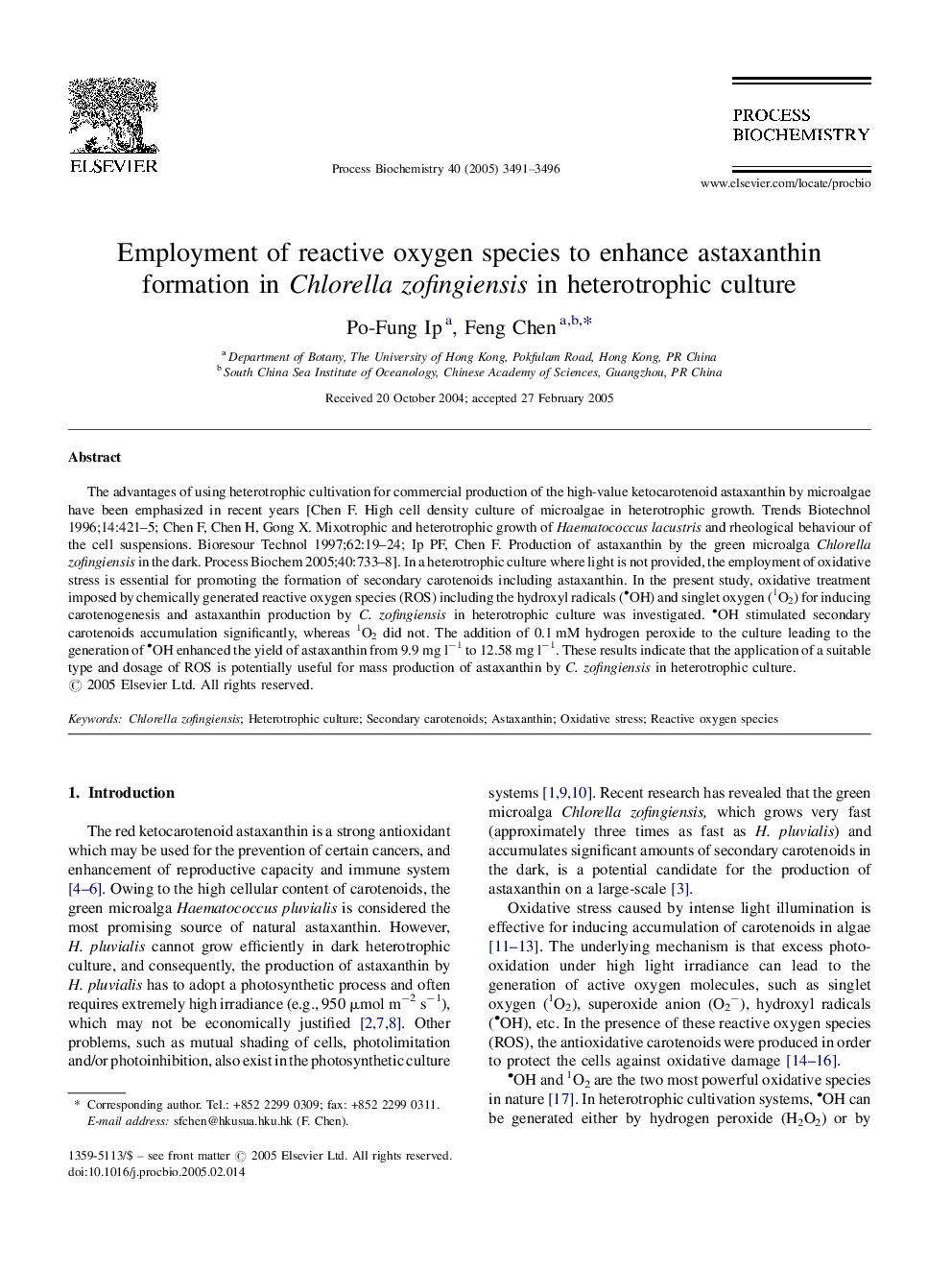 Employment of reactive oxygen species to enhance astaxanthin formation in Chlorella zofingiensis in heterotrophic culture