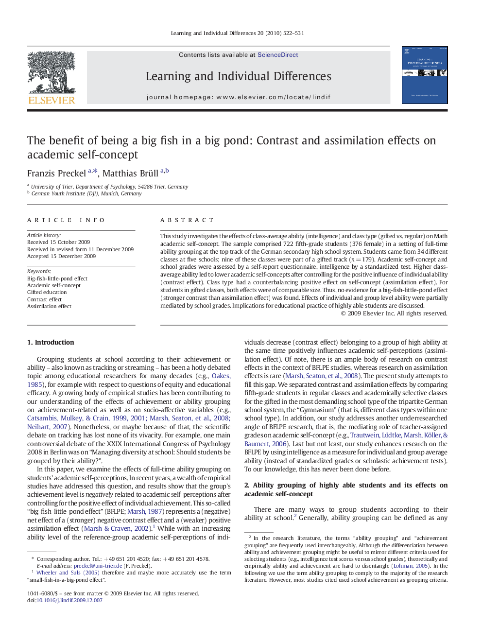 The benefit of being a big fish in a big pond: Contrast and assimilation effects on academic self-concept