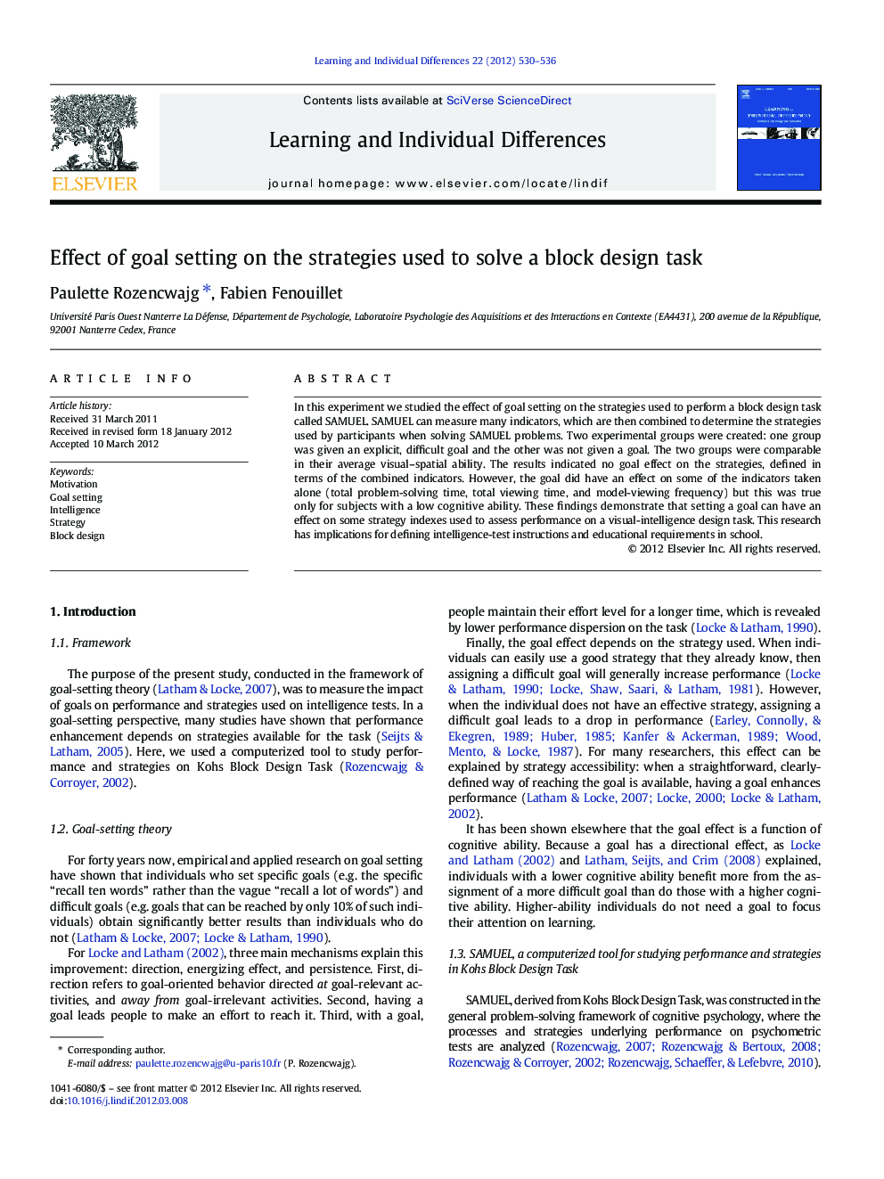 Effect of goal setting on the strategies used to solve a block design task