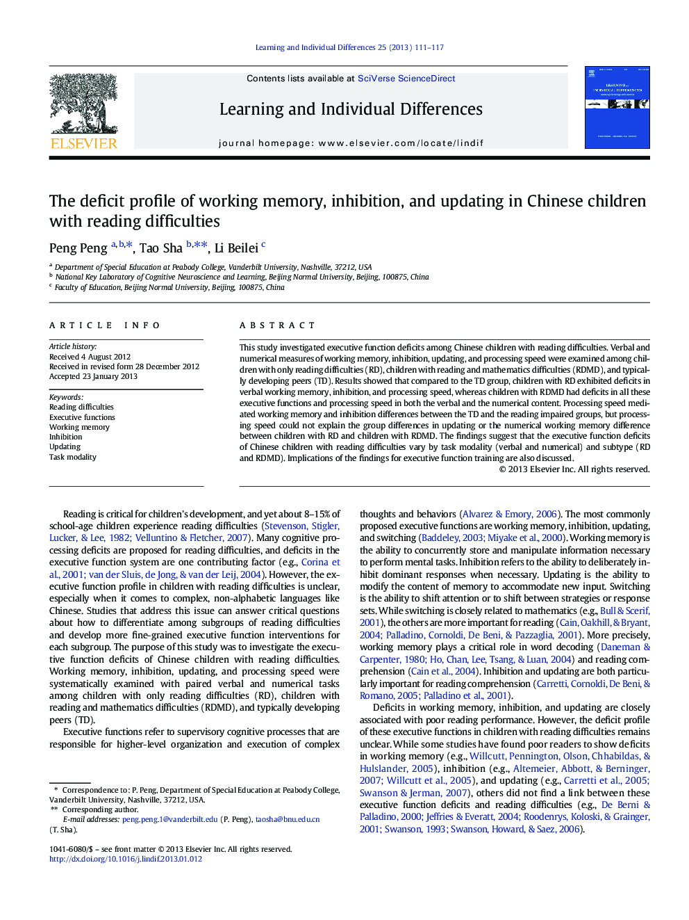 The deficit profile of working memory, inhibition, and updating in Chinese children with reading difficulties