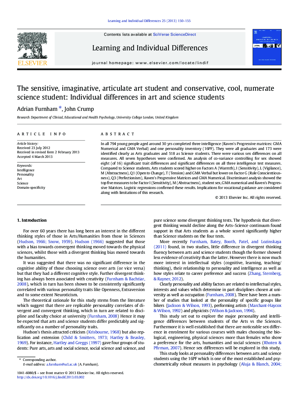 The sensitive, imaginative, articulate art student and conservative, cool, numerate science student: Individual differences in art and science students