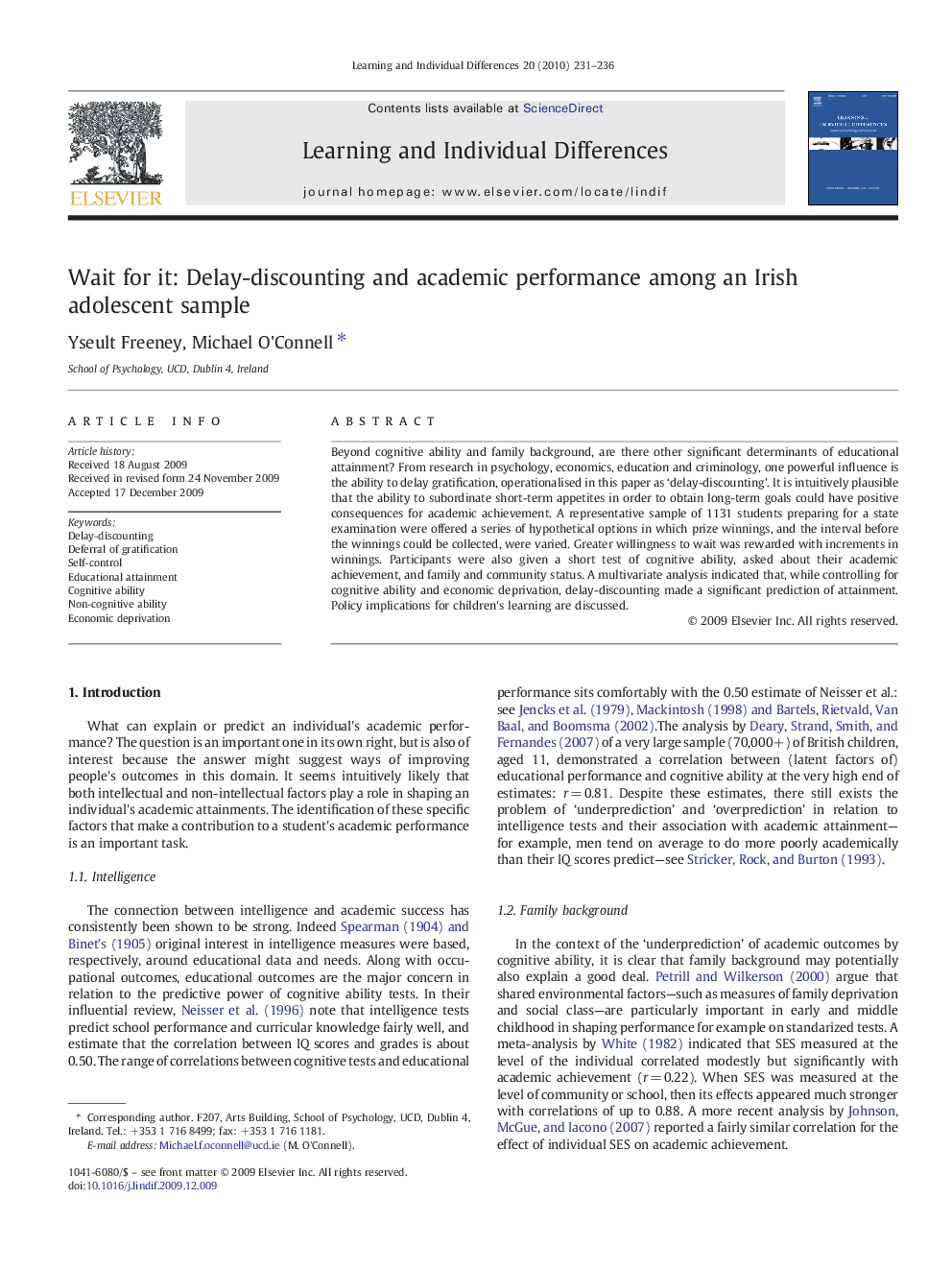 Wait for it: Delay-discounting and academic performance among an Irish adolescent sample