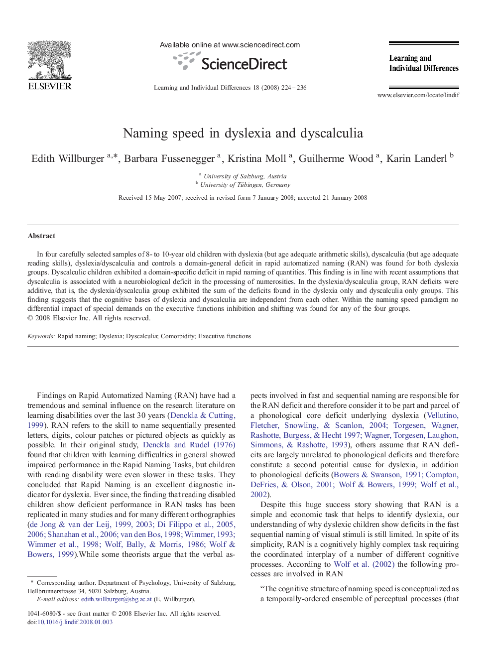 Naming speed in dyslexia and dyscalculia