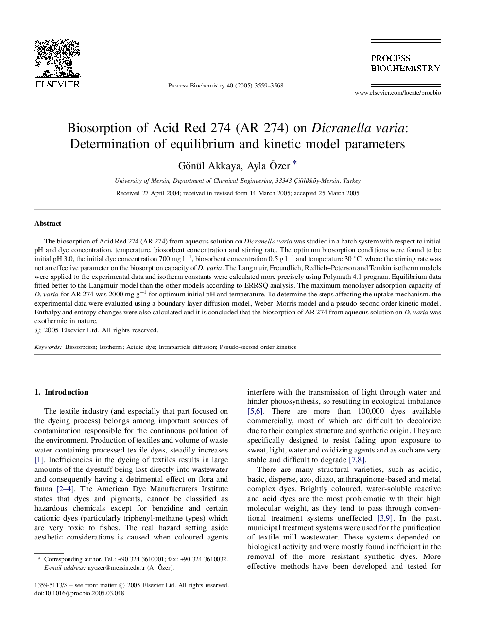 Biosorption of Acid Red 274 (AR 274) on Dicranella varia: Determination of equilibrium and kinetic model parameters